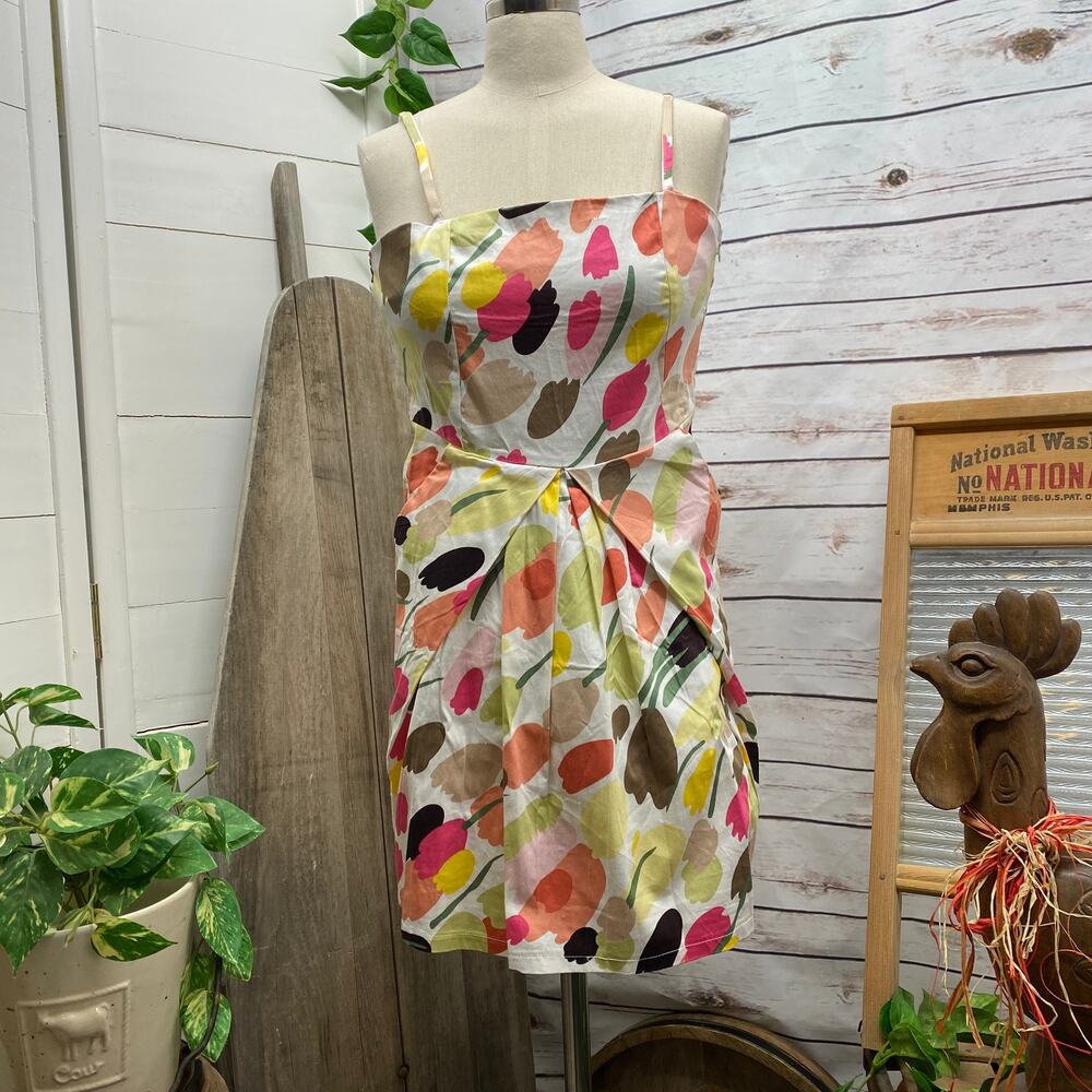 Rockabilly PinUp Spaghetti Strap Summer Dress Floral Elastic Back Pockets XS